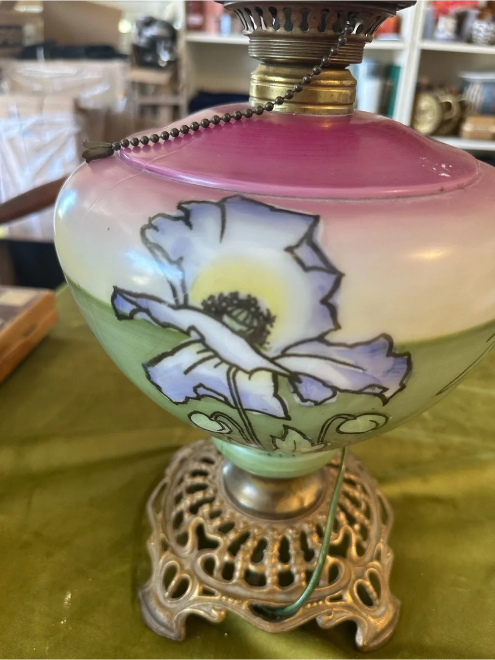 Vintage Floral Glass Table Lamp - Pink and Green